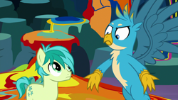 Size: 1920x1080 | Tagged: safe, screencap, character:gallus, character:sandbar, species:earth pony, species:griffon, species:pony, episode:uprooted, g4, my little pony: friendship is magic, duo, paint, spread wings, wings