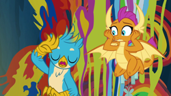 Size: 1920x1080 | Tagged: safe, screencap, character:gallus, character:smolder, species:dragon, species:griffon, episode:uprooted, g4, my little pony: friendship is magic, dragoness, duo, eyes closed, female, flying, hands on cheeks, male, paint