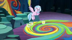 Size: 2100x1179 | Tagged: safe, screencap, character:silverstream, species:classical hippogriff, species:hippogriff, episode:uprooted, g4, my little pony: friendship is magic, bucket, cave, cave of harmony, female, flying, paint, paint bucket, solo
