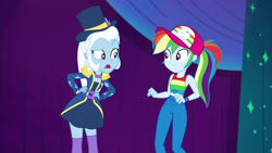 Size: 1920x1080 | Tagged: safe, screencap, character:rainbow dash, character:trixie, equestria girls:spring breakdown, g4, my little pony:equestria girls, baseball cap, cap, clothing, hand on hip, hat, kneesocks, ponytail, skirt, socks, thigh highs, top hat, zettai ryouiki