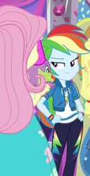 Size: 370x719 | Tagged: safe, screencap, character:applejack, character:fluttershy, character:rainbow dash, character:spike, character:spike (dog), species:dog, episode:fomo, g4, my little pony:equestria girls, cropped, female, geode of super speed, magical geodes, smiling