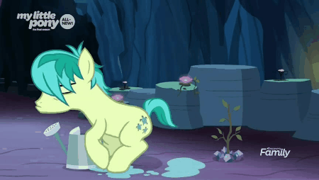 Size: 450x254 | Tagged: safe, screencap, character:sandbar, species:earth pony, species:pony, episode:uprooted, g4, my little pony: friendship is magic, animated, cute, discovery family logo, earmuffs, gif, madorable, male, sandabetes, sapling, silly, silly pony, solo, watering can