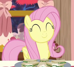 Size: 566x517 | Tagged: safe, screencap, character:fluttershy, species:pony, episode:discordant harmony, g4, my little pony: friendship is magic, cropped, cute, eyes closed, food, sandwich, shyabetes, smiling, solo