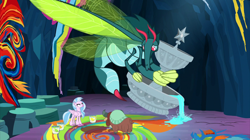 Size: 2100x1178 | Tagged: safe, screencap, character:ocellus, character:silverstream, character:yona, species:changedling, species:classical hippogriff, species:hippogriff, species:yak, episode:uprooted, g4, my little pony: friendship is magic, bucket, carrying, cave, cave of harmony, changeling mega evolution, disguise, disguised changeling, female, flying, fountain, mural, paint, paint bucket, stinger, trio, water