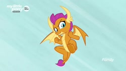 Size: 1920x1080 | Tagged: safe, screencap, character:smolder, species:dragon, episode:uprooted, g4, my little pony: friendship is magic, claws, clenched fist, confident, descending, dragoness, dynamic entry, fangs, female, horns, kick, smiling, smirk, smugder, solo, spread wings, teenaged dragon, teenager, toes, underfoot, wings