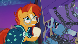 Size: 1280x720 | Tagged: safe, screencap, character:sunburst, character:trixie, species:pony, episode:uncommon bond, g4, my little pony: friendship is magic, bound, chains, duo, hoof on chin, restrained, sweat