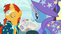 Size: 1280x720 | Tagged: safe, screencap, character:sunburst, character:trixie, species:pony, episode:uncommon bond, g4, my little pony: friendship is magic, card, card trick, duo, eyes closed, female, levitation, magic, magic aura, magic trick, male, mare, playing card, stallion, telekinesis
