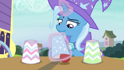 Size: 1280x720 | Tagged: safe, screencap, character:trixie, species:pony, episode:uncommon bond, g4, my little pony: friendship is magic, ball, cup, levitation, magic, magic trick, palindrome get, smiling, smirk, solo, telekinesis