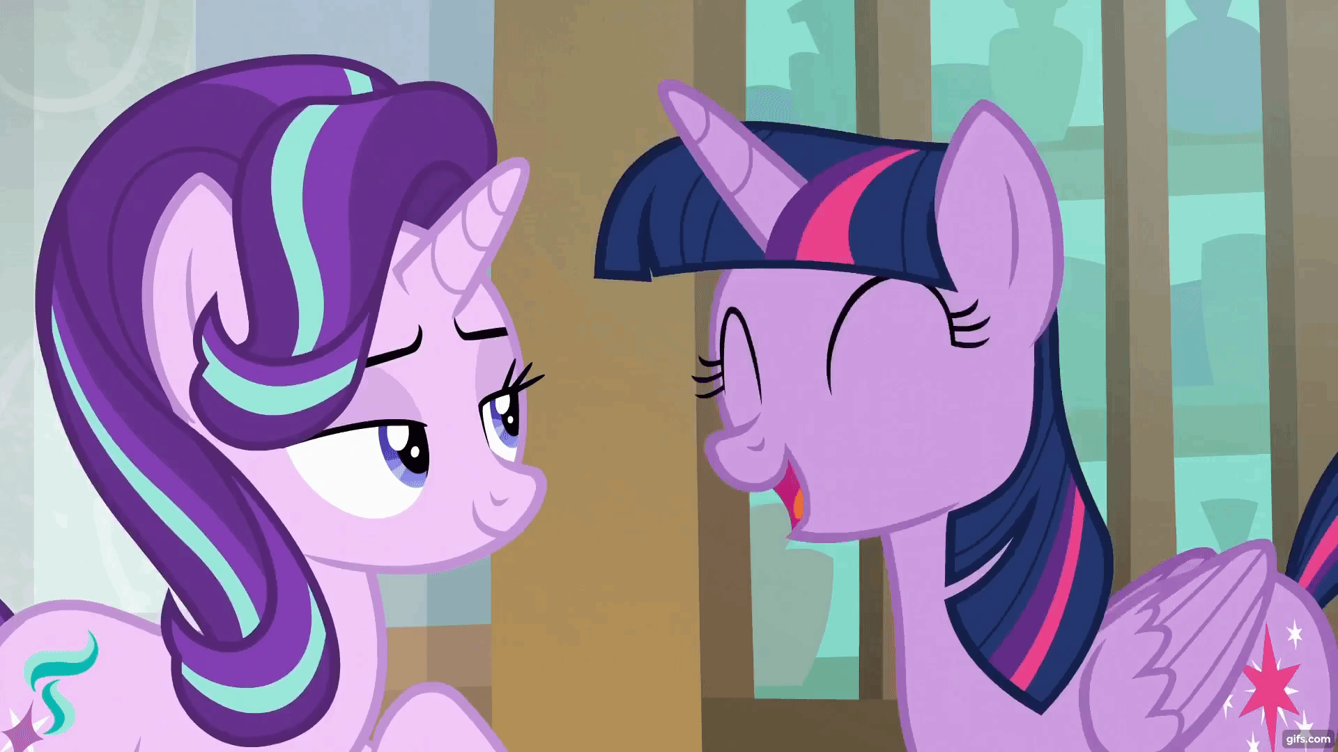 Size: 1920x1080 | Tagged: safe, screencap, character:starlight glimmer, character:twilight sparkle, character:twilight sparkle (alicorn), species:alicorn, species:pony, episode:the beginning of the end, g4, my little pony: friendship is magic, animated, crooning, cute, duo, duo female, eyes closed, female, gif, gifs.com, laughing, twiabetes, twilighting