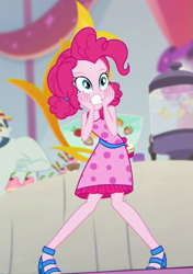 Size: 393x559 | Tagged: safe, screencap, character:pinkie pie, equestria girls:spring breakdown, g4, my little pony:equestria girls, clothing, dress, female, high heels, legs, shocked, shoes
