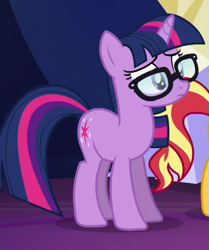 Size: 545x651 | Tagged: safe, screencap, character:sunset shimmer, character:twilight sparkle, character:twilight sparkle (scitwi), species:pony, species:unicorn, equestria girls:spring breakdown, g4, my little pony:equestria girls, cropped, equestria girls ponified, glasses, ponified, solo focus, unicorn sci-twi