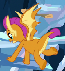 Size: 441x478 | Tagged: safe, screencap, character:smolder, species:dragon, episode:uprooted, g4, my little pony: friendship is magic, claws, cropped, dragoness, female, flying, smiling, solo, spread wings, toes, underfoot, undertail, wings