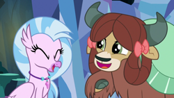 Size: 1920x1080 | Tagged: safe, screencap, character:silverstream, character:yona, species:hippogriff, species:yak, episode:uprooted, g4, my little pony: friendship is magic, bow, cloven hooves, duo, eyes closed, female, hair bow, jewelry, necklace, xd