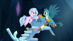 Size: 1920x1080 | Tagged: safe, screencap, character:gallus, character:silverstream, species:classical hippogriff, species:griffon, species:hippogriff, episode:uprooted, g4, my little pony: friendship is magic, crystal, duo, female, flying, male, treehouse of harmony