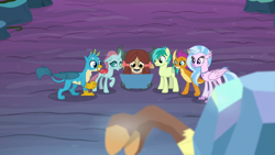 Size: 1920x1080 | Tagged: safe, screencap, character:gallus, character:ocellus, character:sandbar, character:silverstream, character:smolder, character:yona, species:changedling, species:changeling, species:classical hippogriff, species:dragon, species:earth pony, species:griffon, species:hippogriff, species:pony, species:reformed changeling, species:yak, episode:uprooted, g4, my little pony: friendship is magic, bow, cloven hooves, dragoness, female, hair bow, male, student six