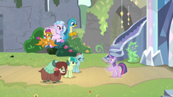 Size: 1920x1080 | Tagged: safe, screencap, character:gallus, character:ocellus, character:sandbar, character:silverstream, character:smolder, character:tree of harmony, character:treelight sparkle, character:twilight sparkle, character:yona, species:changedling, species:changeling, species:classical hippogriff, species:dragon, species:earth pony, species:griffon, species:hippogriff, species:pony, species:reformed changeling, species:yak, episode:uprooted, g4, my little pony: friendship is magic, bow, cloven hooves, colored hooves, dragoness, female, flying, hair bow, jewelry, male, monkey swings, necklace, student six, teenager, treelight sparkle