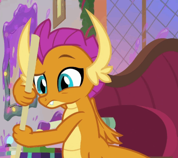 Size: 592x526 | Tagged: safe, screencap, character:smolder, species:dragon, episode:the hearth's warming club, g4, my little pony: friendship is magic, animated, claws, cleaning, cute, dragoness, excited, fangs, female, folded wings, gif, grin, horns, raised eyebrows, smiling, smolderbetes, solo, teenaged dragon, teenager, too cute, wide eyes, wide grin, wings