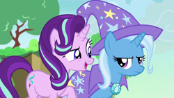 Size: 1280x720 | Tagged: safe, screencap, character:starlight glimmer, character:trixie, species:pony, species:unicorn, episode:to change a changeling, g4, my little pony: friendship is magic, cape, changeling kingdom, clothing, cute, duo, female, hat, mare, raised eyebrow, raised hoof, smiling, trixie is not amused, trixie's cape, trixie's hat, unamused