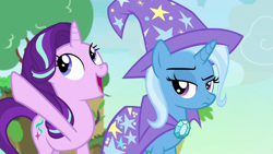 Size: 1280x720 | Tagged: safe, screencap, character:starlight glimmer, character:trixie, species:pony, species:unicorn, episode:to change a changeling, g4, my little pony: friendship is magic, cape, changeling kingdom, clothing, cute, duo, female, hat, looking up, mare, raised eyebrow, raised hoof, trixie's cape, trixie's hat