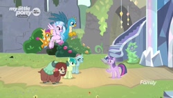 Size: 1920x1080 | Tagged: safe, screencap, character:gallus, character:ocellus, character:sandbar, character:silverstream, character:smolder, character:tree of harmony, character:treelight sparkle, character:twilight sparkle, character:yona, species:changedling, species:changeling, species:classical hippogriff, species:dragon, species:earth pony, species:griffon, species:hippogriff, species:pony, species:reformed changeling, species:yak, episode:uprooted, g4, my little pony: friendship is magic, bow, cloven hooves, colored hooves, dragoness, female, flying, hair bow, jewelry, male, monkey swings, necklace, student six, teenager, tree of harmony, treelight sparkle