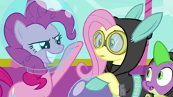 Size: 1920x1080 | Tagged: safe, screencap, character:fluttershy, character:pinkie pie, character:spike, species:dragon, species:pony, episode:sparkle's seven, g4, my little pony: friendship is magic, bunny ears, clothing, costume, dangerous mission outfit, goggles, hoodie, hot air balloon, space helmet, winged spike