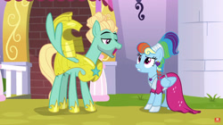 Size: 1914x1069 | Tagged: safe, screencap, character:rainbow dash, character:zephyr breeze, species:pony, episode:sparkle's seven, g4, my little pony: friendship is magic, armor, clothing, dress, female, male, megaradash, rainbow dash always dresses in style, royal guard armor, royal guard zephyr breeze