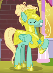 Size: 486x669 | Tagged: safe, screencap, character:zephyr breeze, species:pegasus, species:pony, episode:sparkle's seven, g4, my little pony: friendship is magic, cropped, hoof shoes, male, raised hoof, royal guard armor, royal guard zephyr breeze, smiling, wings