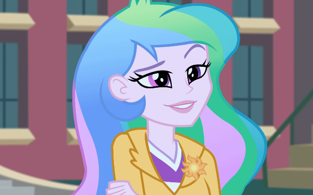 Size: 640x400 | Tagged: safe, screencap, character:dean cadance, character:princess cadance, character:princess celestia, character:princess luna, character:principal celestia, character:vice principal luna, equestria girls:friendship games, g4, my little pony:equestria girls, animated, clothing, condescending princesses, cutie mark, cutie mark accessory, cutie mark on clothes, gif, lidded eyes, smiling, smirk, smuglestia, smugluna, vice principal luna
