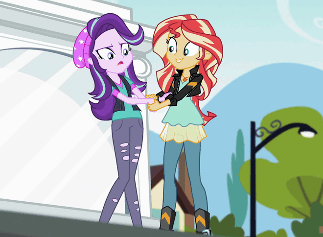 Size: 660x484 | Tagged: safe, screencap, character:starlight glimmer, character:sunset shimmer, equestria girls:mirror magic, g4, my little pony:equestria girls, animated, beanie, clothing, flailing, frown, gif, hat, open mouth, shivering, wide eyes