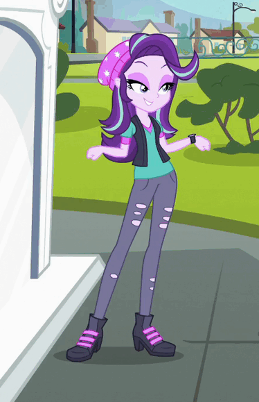 Size: 374x579 | Tagged: safe, screencap, character:starlight glimmer, equestria girls:mirror magic, g4, my little pony:equestria girls, animated, beanie, clothing, hat, smug, smuglight glimmer, solo