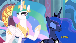 Size: 882x496 | Tagged: safe, screencap, character:princess celestia, character:princess luna, species:alicorn, species:pony, episode:sparkle's seven, g4, my little pony: friendship is magic, canterlot, canterlot castle, discovery family logo, ethereal mane, galaxy mane, grumpy luna, hoof shoes, stained glass, throne, throne room