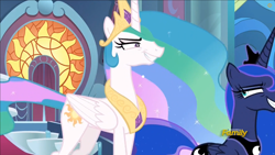 Size: 882x496 | Tagged: safe, screencap, character:princess celestia, character:princess luna, species:alicorn, species:pony, episode:sparkle's seven, g4, my little pony: friendship is magic, canterlot, canterlot castle, discovery family logo, faec, forced smile, sibling rivalry, stained glass, throne, throne room