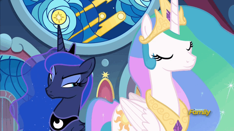 Size: 806x451 | Tagged: safe, screencap, character:princess celestia, character:princess luna, species:pony, episode:sparkle's seven, g4, my little pony: friendship is magic, animated, celestia is not amused, crown, duckface, duo, eyes closed, female, floppy ears, flowing mane, gif, grumpy, grumpy celestia, grumpy luna, jewelry, luna is not amused, mare, pouting, raised eyebrow, regalia, royal sisters, sibling rivalry, sisters, unamused
