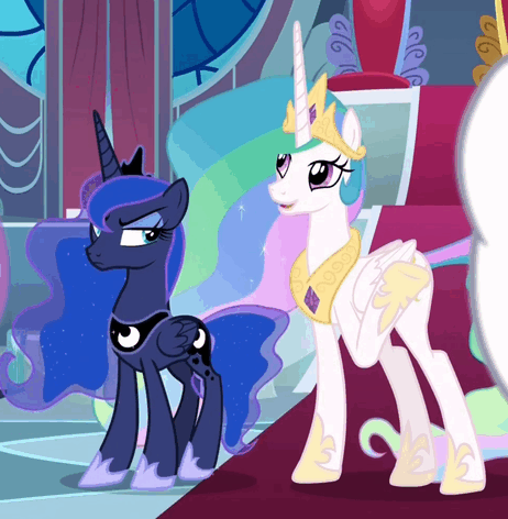 Size: 462x472 | Tagged: safe, screencap, character:princess celestia, character:princess luna, species:pony, episode:sparkle's seven, g4, my little pony: friendship is magic, animated, celestia is not amused, duo, eyeroll, female, flehmen response, gif, grumpy, horse noises, horses doing horse things, jewelry, regalia, royal sisters, sibling rivalry, sisters, unamused