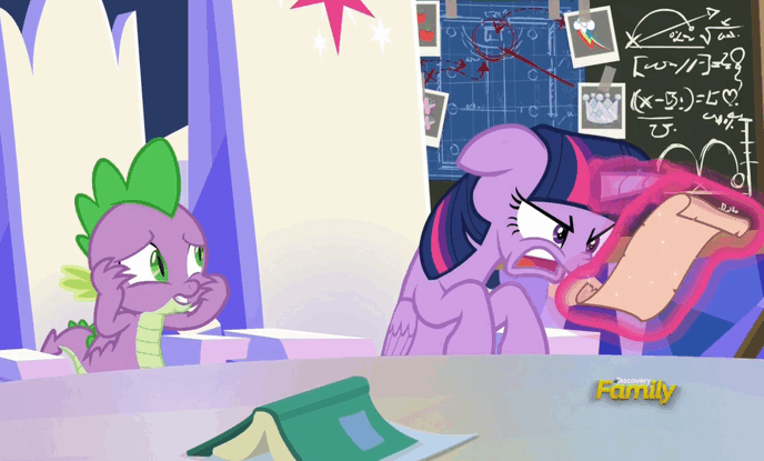 Size: 688x415 | Tagged: safe, screencap, character:spike, character:twilight sparkle, character:twilight sparkle (alicorn), species:alicorn, species:dragon, species:pony, episode:sparkle's seven, g4, my little pony: friendship is magic, angry, animated, belly, book, chalkboard, cutie map, duckface, floppy ears, friendship throne, gif, grumpy, madorable, magic, oh come on, pouting, scroll, slouching, winged spike