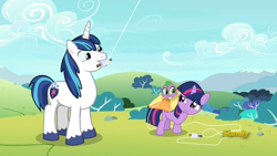 Size: 1920x1080 | Tagged: safe, screencap, character:shining armor, character:spike, character:twilight sparkle, species:dragon, species:pony, species:unicorn, episode:sparkle's seven, g4, my little pony: friendship is magic, baby, baby spike, brother and sister, brothers, cute, dawwww, discovery family logo, eye contact, family, female, filly, filly twilight sparkle, hoof on chin, kite, looking at each other, male, mountain, mouth hold, shining adorable, siblings, sky, sparkle siblings, spikabetes, string, teenage shining armor, teenager, tree, twiabetes, younger