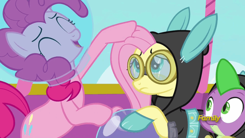 Size: 806x454 | Tagged: safe, screencap, character:fluttershy, character:pinkie pie, character:spike, species:pony, episode:sparkle's seven, g4, my little pony: friendship is magic, animated, bunny ears, clothing, costume, dangerous mission outfit, gif, goggles, head pat, hoodie, hot air balloon, pat, twinkling balloon