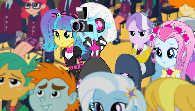 Size: 640x366 | Tagged: safe, screencap, character:cold forecast, character:diamond tiara, character:frosty orange, character:photo finish, character:silver spoon, character:snails, character:snips, character:trixie, equestria girls:friendship games, g4, my little pony:equestria girls, alizarin bubblegum, animated, background human, gif, pixel pizazz, the snapshots, valhallen, violet blurr