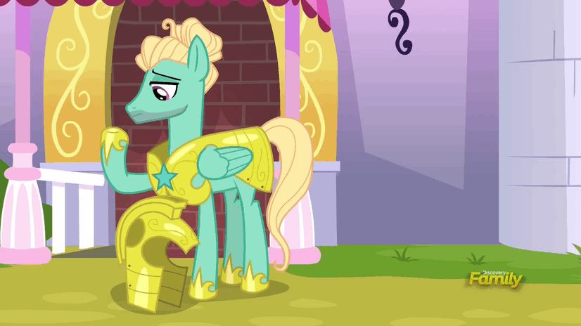 Size: 826x464 | Tagged: safe, screencap, character:rainbow dash, character:zephyr breeze, species:pegasus, species:pony, episode:sparkle's seven, g4, my little pony: friendship is magic, animated, female, gif, magic, male, mare, megaradash, rainbow dash always dresses in style, rainbow dash is not amused, royal guard armor, royal guard zephyr breeze, stallion, unamused