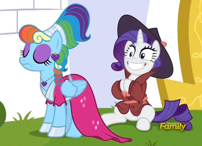 Size: 676x488 | Tagged: safe, screencap, character:rainbow dash, character:rarity, species:pegasus, species:pony, species:unicorn, episode:sparkle's seven, g4, my little pony: friendship is magic, animated, clapping, clothing, cropped, detective rarity, discovery family logo, duo, ear piercing, earring, eyes closed, fedora, female, hat, jewelry, loop, mare, megaradash, piercing, rainbow dash always dresses in style, smiling
