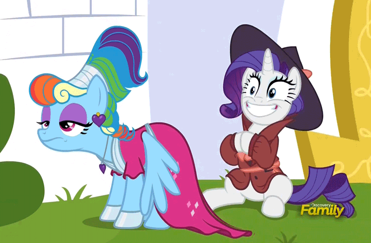 Size: 745x488 | Tagged: safe, screencap, character:rainbow dash, character:rarity, species:pegasus, species:pony, species:unicorn, episode:sparkle's seven, g4, my little pony: friendship is magic, alternate costumes, alternate hairstyle, and then there's rarity, animated, clapping, clothing, discovery family logo, hat, lidded eyes, loop, megaradash, rainbow dash always dresses in style, rainbow dash is not amused, smiling, unamused