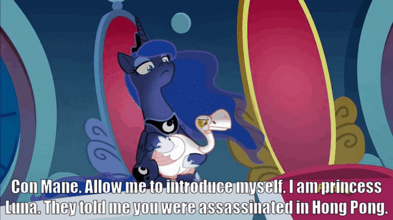 Size: 806x451 | Tagged: safe, screencap, character:princess luna, species:alicorn, species:bird, species:pony, episode:sparkle's seven, g4, my little pony: friendship is magic, animal, animated, animation error, caption, con mane, duo, ernst stavro blofeld, ethereal mane, female, galaxy mane, gif, goose, image macro, james bond, lidded eyes, luna petting goose, mare, parody, petting, stroking, text, throne, you only live twice