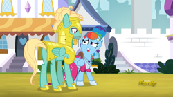 Size: 1850x1041 | Tagged: safe, screencap, character:rainbow dash, character:zephyr breeze, species:pegasus, species:pony, episode:sparkle's seven, g4, my little pony: friendship is magic, clothing, dress, female, male, man bun, mare, megaradash, rainbow dash always dresses in style, royal guard, royal guard armor, royal guard zephyr breeze, smiling, stallion, updo
