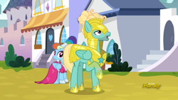 Size: 1850x1041 | Tagged: safe, screencap, character:rainbow dash, character:zephyr breeze, species:pegasus, species:pony, episode:sparkle's seven, g4, my little pony: friendship is magic, clothing, dress, female, lidded eyes, male, man bun, mare, megaradash, rainbow dash always dresses in style, raised hoof, royal guard, royal guard armor, royal guard zephyr breeze, smiling, stallion, updo