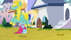 Size: 1850x1041 | Tagged: safe, screencap, character:rainbow dash, character:zephyr breeze, species:pegasus, species:pony, episode:sparkle's seven, g4, my little pony: friendship is magic, clothing, dress, eyes closed, female, flapping, flapping wings, jumping, male, man bun, mare, megaradash, rainbow dash always dresses in style, royal guard, royal guard armor, royal guard zephyr breeze, stallion, updo
