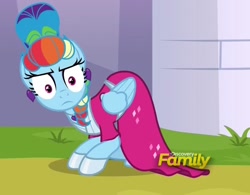 Size: 846x659 | Tagged: safe, screencap, character:rainbow dash, species:pegasus, species:pony, episode:sparkle's seven, g4, my little pony: friendship is magic, alternate hairstyle, clothing, cropped, discovery family logo, dress, megaradash, rainbow dash always dresses in style, rainbow dash is not amused, solo, this will end in pain, unamused, updo