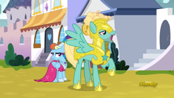 Size: 1850x1041 | Tagged: safe, screencap, character:rainbow dash, character:zephyr breeze, species:pegasus, species:pony, episode:sparkle's seven, g4, my little pony: friendship is magic, clothing, dress, female, folded wings, lidded eyes, male, man bun, mare, megaradash, open mouth, rainbow dash always dresses in style, raised hoof, royal guard, royal guard armor, royal guard zephyr breeze, spread wings, stallion, updo, wings, wings raised