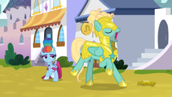 Size: 1850x1041 | Tagged: safe, screencap, character:rainbow dash, character:zephyr breeze, species:pegasus, species:pony, episode:sparkle's seven, g4, my little pony: friendship is magic, clothing, cringing, dress, eyes closed, female, frown, lidded eyes, male, man bun, mare, megaradash, open mouth, prancing, rainbow dash always dresses in style, raised hoof, royal guard, royal guard armor, royal guard zephyr breeze, stallion, updo
