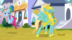 Size: 1850x1041 | Tagged: safe, screencap, character:rainbow dash, character:zephyr breeze, species:pegasus, species:pony, episode:sparkle's seven, g4, my little pony: friendship is magic, annoyed, clothing, dress, female, flying, flying away, leaving, male, man bun, mare, megaradash, open mouth, proud, rainbow dash always dresses in style, raised hoof, royal guard, royal guard armor, royal guard zephyr breeze, smiling, spread wings, stallion, teeth, updo, wings, wings raised