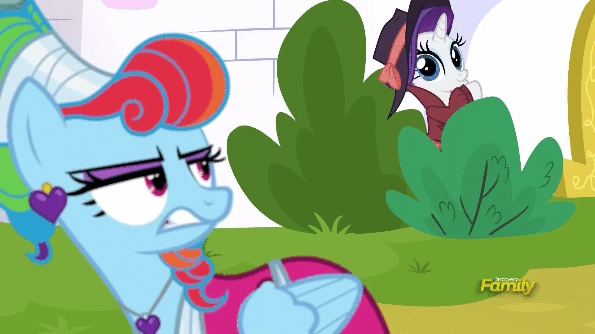 Size: 1920x1080 | Tagged: safe, screencap, character:rainbow dash, character:rarity, species:pegasus, species:pony, species:unicorn, episode:sparkle's seven, g4, my little pony: friendship is magic, alternate hairstyle, animated, annoyed, blinking, bush, bushicorn, clothing, cute, discovery family logo, dress, duckface, duo, ear piercing, earring, eye flutter, female, jewelry, mare, megaradash, piercing, rainbow dash always dresses in style, rainbow dash is not amused, rarara, raribetes, unamused